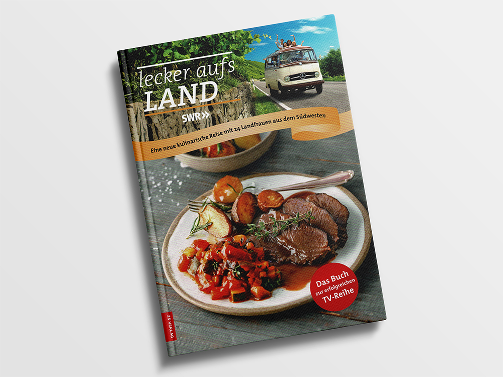 Lemp's Genussgarten Kochbuch SWR Buchcover eines Kochbuchs mit dem Titel lecker aufs Land, darauf ein Teller mit Fleisch, Gemüse und Soße, sowie ein Foto eines Oldtimer-Busses und einem ländlichen Hintergrund.